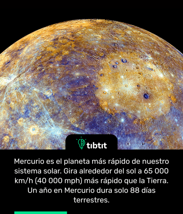 Mercurio es el planeta más rápido de nuestro sistema solar. Gira alrededor del sol a 65 000 km/h (40 000 mph) más rápido que la Tierra. Un año en Mercurio dura solo 88 días terrestres.