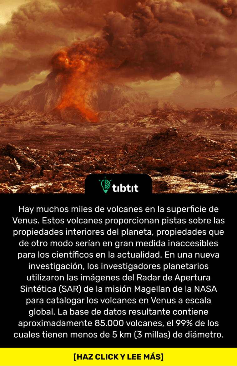 Hay muchos miles de volcanes en la superficie de Venus. Estos volcanes proporcionan pistas sobre las propiedades interiores del planeta, propiedades que de otro modo serían en gran medida inaccesibles para los científicos en la actualidad. En una nueva investigación, los investigadores planetarios utilizaron las imágenes del Radar de Apertura Sintética (SAR) de la misión Magellan de la NASA para catalogar los volcanes en Venus a escala global. La base de datos resultante contiene aproximadamente 85.000 volcanes, el 99% de los cuales tienen menos de 5 km (3 millas) de diámetro.