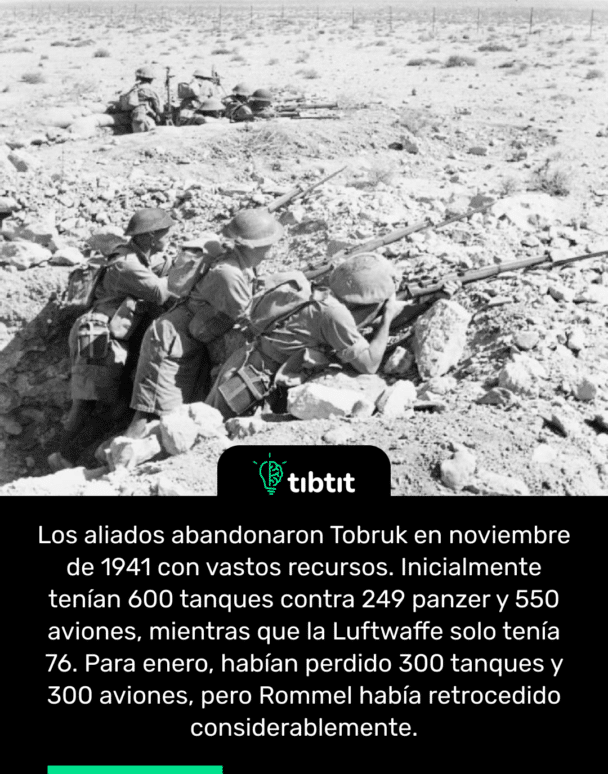 Los aliados abandonaron Tobruk en noviembre de 1941 con vastos recursos. Inicialmente tenían 600 tanques contra 249 panzer y 550 aviones, mientras que la Luftwaffe solo tenía 76. Para enero, habían perdido 300 tanques y 300 aviones, pero Rommel había retrocedido considerablemente.