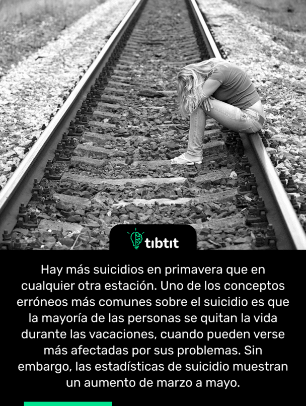 Hay más suicidios en primavera que en cualquier otra estación. Uno de los conceptos erróneos más comunes sobre el suicidio es que la mayoría de las personas se quitan la vida durante las vacaciones, cuando pueden verse más afectadas por sus problemas. Sin embargo, las estadísticas de suicidio muestran un aumento de marzo a mayo.