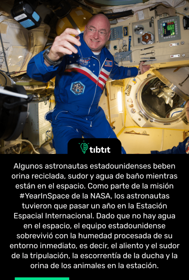 Algunos astronautas estadounidenses beben orina reciclada, sudor y agua de baño mientras están en el espacio. Como parte de la misión #YearInSpace de la NASA, los astronautas tuvieron que pasar un año en la Estación Espacial Internacional. Dado que no hay agua en el espacio, el equipo estadounidense sobrevivió con la humedad procesada de su entorno inmediato, es decir, el aliento y el sudor de la tripulación, la escorrentía de la ducha y la orina de los animales en la estación.