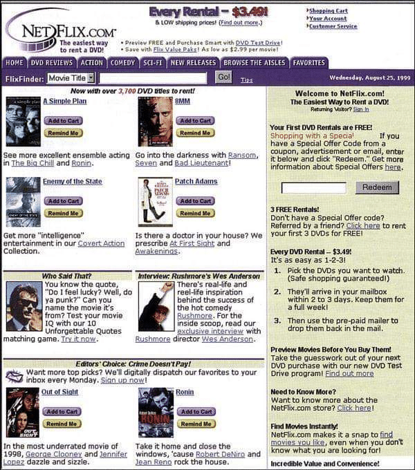 Netflix.com se lanzó hace 25 años, el 14 de abril de 1998. Así se veía el servicio en agosto de 1999.