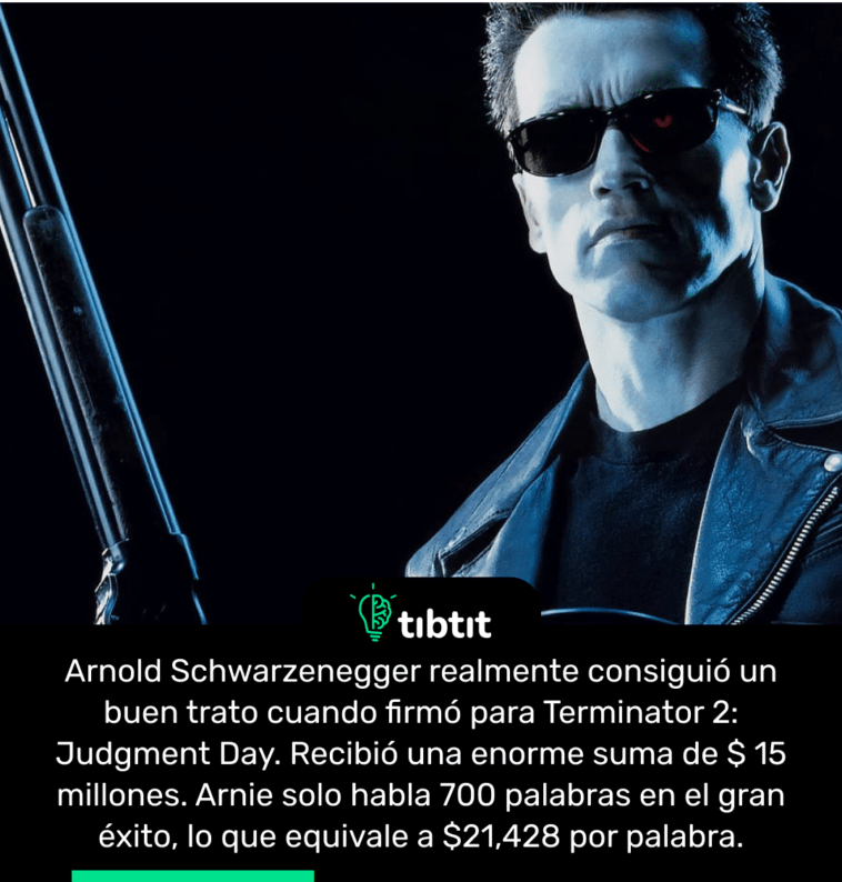 Arnold Schwarzenegger realmente consiguió un buen trato cuando firmó para Terminator 2: Judgment Day. Recibió una enorme suma de $ 15 millones. Arnie solo habla 700 palabras en el gran éxito, lo que equivale a $21,428 por palabra.