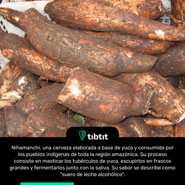 Nihamanchi, una cerveza elaborada a base de yuca y consumida por los pueblos indígenas de toda la región amazónica. Su proceso consiste en masticar los tubérculos de yuca, escupirlos en frascos grandes y fermentarlos junto con la saliva. Su sabor se describe como "suero de leche alcohólico".