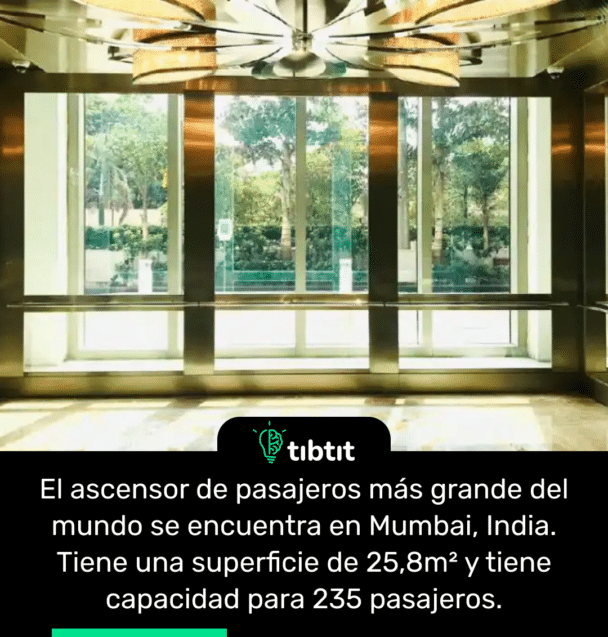 El ascensor de pasajeros más grande del mundo se encuentra en Mumbai, India. Tiene una superficie de 25,8m² y tiene capacidad para 235 pasajeros.