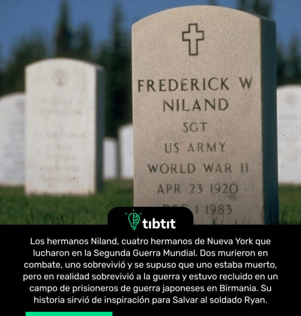 Los hermanos Niland, cuatro hermanos de Nueva York que lucharon en la Segunda Guerra Mundial. Dos murieron en combate, uno sobrevivió y se supuso que uno estaba muerto, pero en realidad sobrevivió a la guerra y estuvo recluido en un campo de prisioneros de guerra japoneses en Birmania. Su historia sirvió de inspiración para Salvar al soldado Ryan.