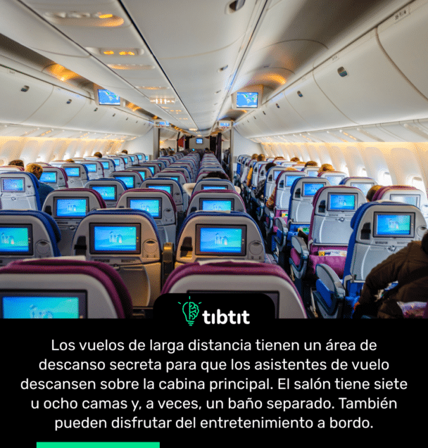 Los vuelos de larga distancia tienen un área de descanso secreta para que los asistentes de vuelo descansen sobre la cabina principal. El salón tiene siete u ocho camas y, a veces, un baño separado. También pueden disfrutar del entretenimiento a bordo.
