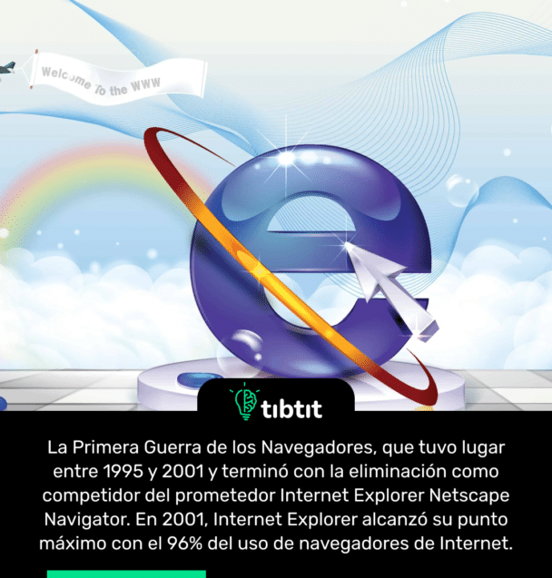 La Primera Guerra de los Navegadores, que tuvo lugar entre 1995 y 2001 y terminó con la eliminación como competidor del prometedor Internet Explorer Netscape Navigator. En 2001, Internet Explorer alcanzó su punto máximo con el 96% del uso de navegadores de Internet.
