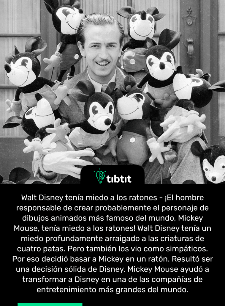 Walt Disney tenía miedo a los ratones - ¡El hombre responsable de crear probablemente el personaje de dibujos animados más famoso del mundo, Mickey Mouse, tenía miedo a los ratones! Walt Disney tenía un miedo profundamente arraigado a las criaturas de cuatro patas. Pero también los vio como simpáticos. Por eso decidió basar a Mickey en un ratón. Resultó ser una decisión sólida de Disney. Mickey Mouse ayudó a transformar a Disney en una de las compañías de entretenimiento más grandes del mundo.