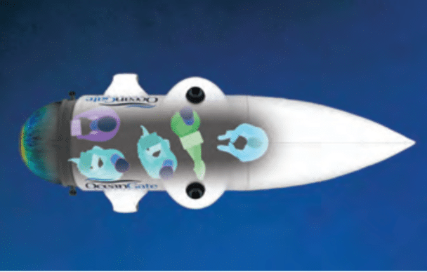 Disposición de asientos del submarino Titan con destino al Titanic de un archivo PDF antiguo que promociona el recorrido. Muestra una "configuración típica de asientos" para 5 personas.