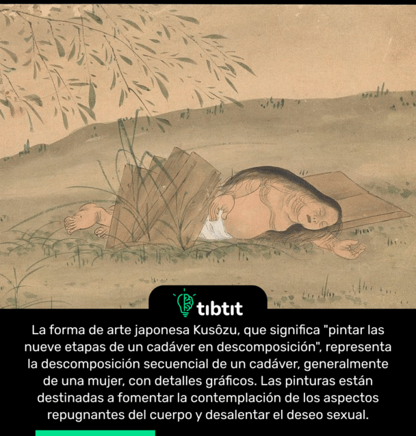 La forma de arte japonesa Kusôzu, que significa "pintar las nueve etapas de un cadáver en descomposición", representa la descomposición secuencial de un cadáver, generalmente de una mujer, con detalles gráficos. Las pinturas están destinadas a fomentar la contemplación de los aspectos repugnantes del cuerpo y desalentar el deseo sexual.