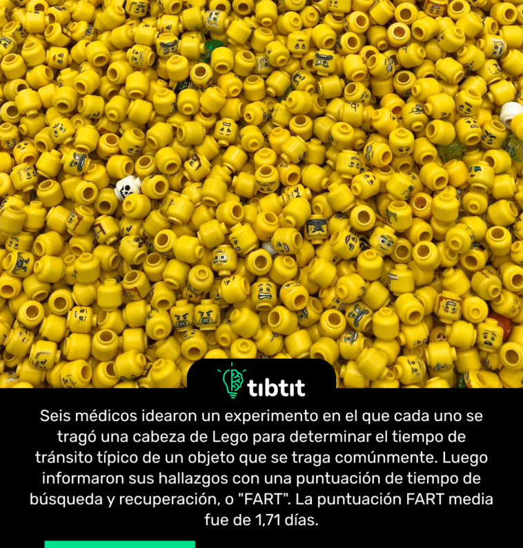 Seis médicos idearon un experimento en el que cada uno se tragó una cabeza de Lego para determinar el tiempo de tránsito típico de un objeto que se traga comúnmente. Luego informaron sus hallazgos con una puntuación de tiempo de búsqueda y recuperación, o "FART". La puntuación FART media fue de 1,71 días.