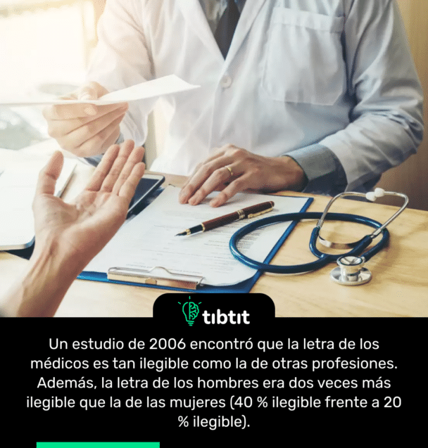 Un estudio de 2006 encontró que la letra de los médicos es tan ilegible como la de otras profesiones. Además, la letra de los hombres era dos veces más ilegible que la de las mujeres (40 % ilegible frente a 20 % ilegible).