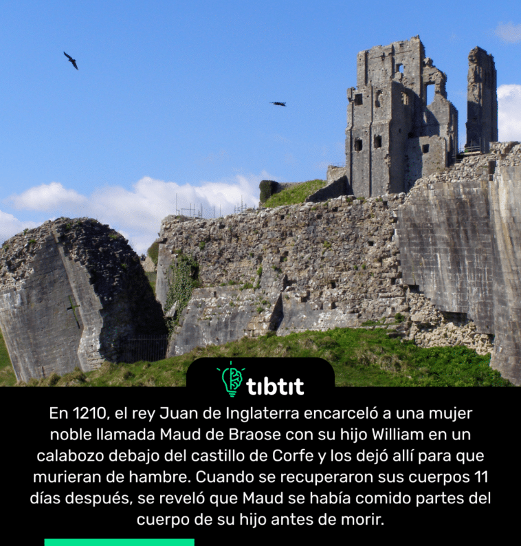 En 1210, el rey Juan de Inglaterra encarceló a una mujer noble llamada Maud de Braose con su hijo William en un calabozo debajo del castillo de Corfe y los dejó allí para que murieran de hambre. Cuando se recuperaron sus cuerpos 11 días después, se reveló que Maud se había comido partes del cuerpo de su hijo antes de morir.