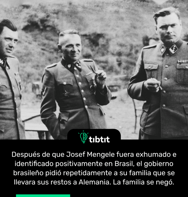 Después de que Josef Mengele fuera exhumado e identificado positivamente en Brasil, el gobierno brasileño pidió repetidamente a su familia que se llevara sus restos a Alemania. La familia se negó.