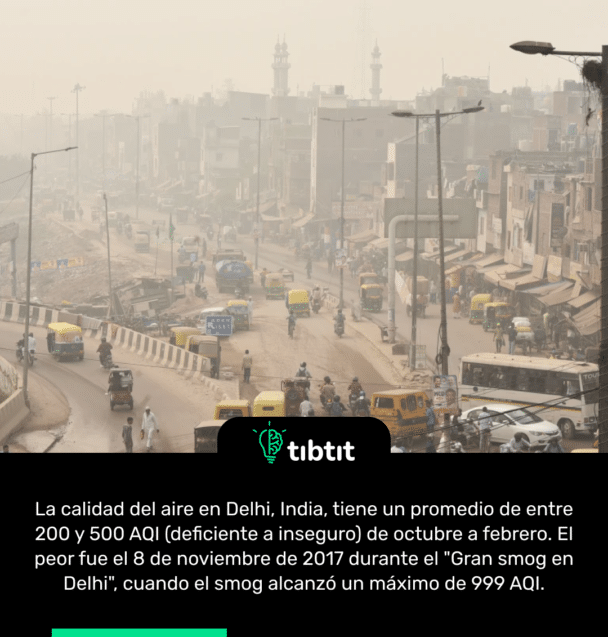 La calidad del aire en Delhi, India, tiene un promedio de entre 200 y 500 AQI (deficiente a inseguro) de octubre a febrero. El peor fue el 8 de noviembre de 2017 durante el "Gran smog en Delhi", cuando el smog alcanzó un máximo de 999 AQI.