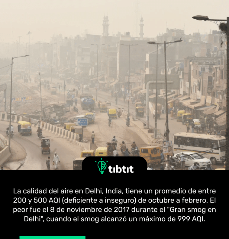 La calidad del aire en Delhi, India, tiene un promedio de entre 200 y 500 AQI (deficiente a inseguro) de octubre a febrero. El peor fue el 8 de noviembre de 2017 durante el "Gran smog en Delhi", cuando el smog alcanzó un máximo de 999 AQI.