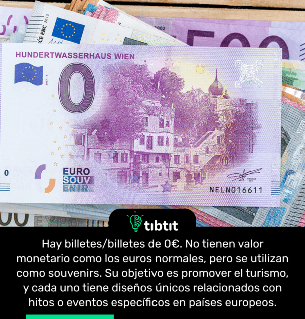 Hay billetes/billetes de 0€. No tienen valor monetario como los euros normales, pero se utilizan como souvenirs. Su objetivo es promover el turismo, y cada uno tiene diseños únicos relacionados con hitos o eventos específicos en países europeos.