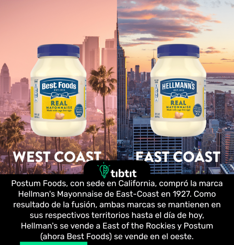 Postum Foods, con sede en California, compró la marca Hellman's Mayonnaise de East-Coast en 1927. Como resultado de la fusión, ambas marcas se mantienen en sus respectivos territorios hasta el día de hoy, Hellman's se vende a East of the Rockies y Postum (ahora Best Foods) se vende en el oeste.