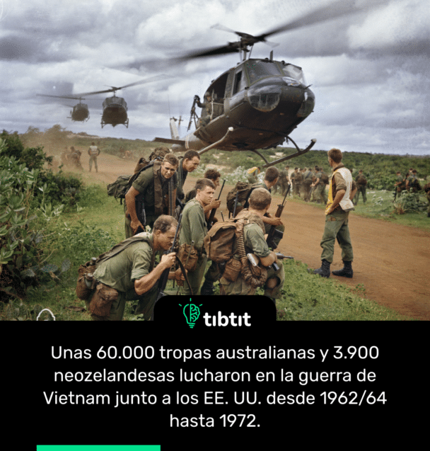 Unas 60.000 tropas australianas y 3.900 neozelandesas lucharon en la guerra de Vietnam junto a los EE. UU. desde 1962/64 hasta 1972.