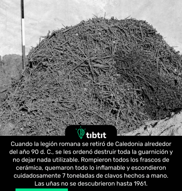 Cuando la legión romana se retiró de Caledonia alrededor del año 90 d. C., se les ordenó destruir toda la guarnición y no dejar nada utilizable. Rompieron todos los frascos de cerámica, quemaron todo lo inflamable y escondieron cuidadosamente 7 toneladas de clavos hechos a mano. Las uñas no se descubrieron hasta 1961.