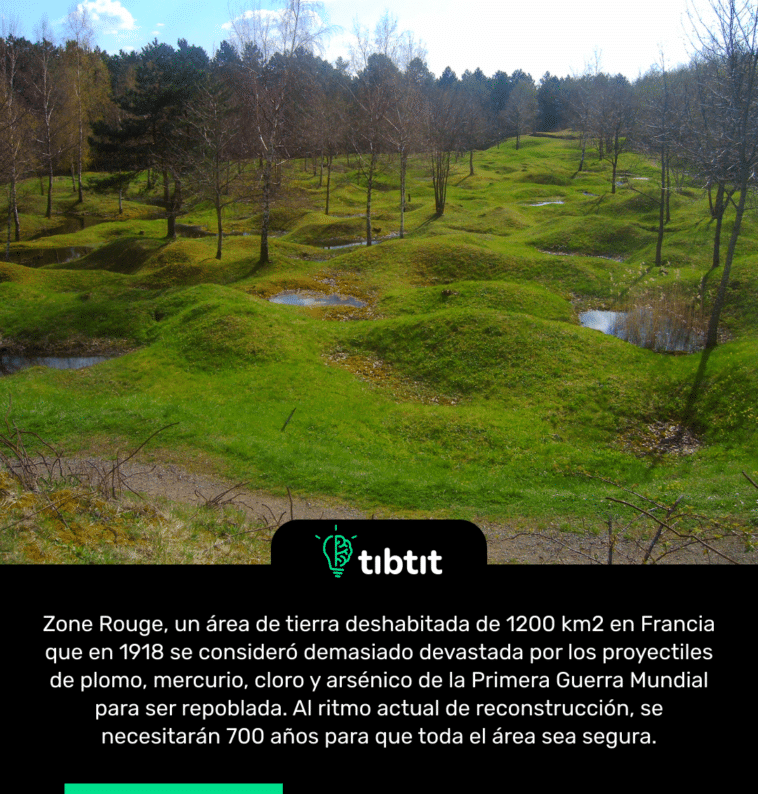 Zone Rouge, un área de tierra deshabitada de 1200 km2 en Francia que en 1918 se consideró demasiado devastada por los proyectiles de plomo, mercurio, cloro y arsénico de la Primera Guerra Mundial para ser repoblada. Al ritmo actual de reconstrucción, se necesitarán 700 años para que toda el área sea segura.