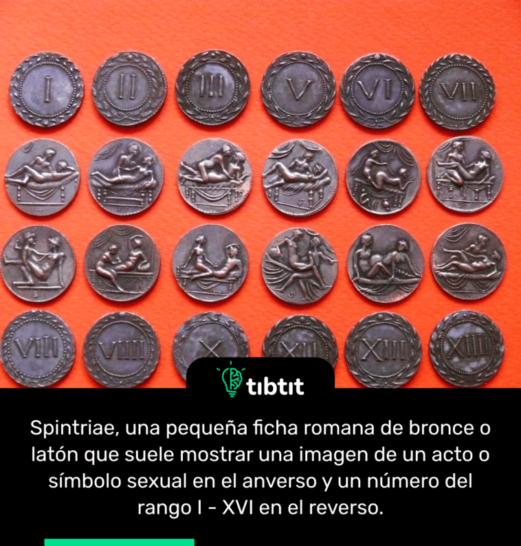 Spintriae, una pequeña ficha romana de bronce o latón que suele mostrar una imagen de un acto o símbolo sexual en el anverso y un número del rango I - XVI en el reverso.