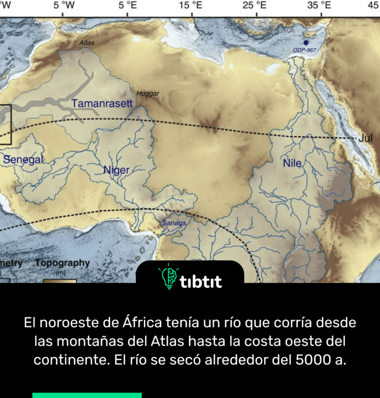 El noroeste de África tenía un río que corría desde las montañas del Atlas hasta la costa oeste del continente. El río se secó alrededor del 5000 a.