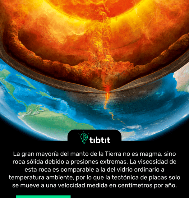 La gran mayoría del manto de la Tierra no es magma, sino roca sólida debido a presiones extremas. La viscosidad de esta roca es comparable a la del vidrio ordinario a temperatura ambiente, por lo que la tectónica de placas solo se mueve a una velocidad medida en centímetros por año.