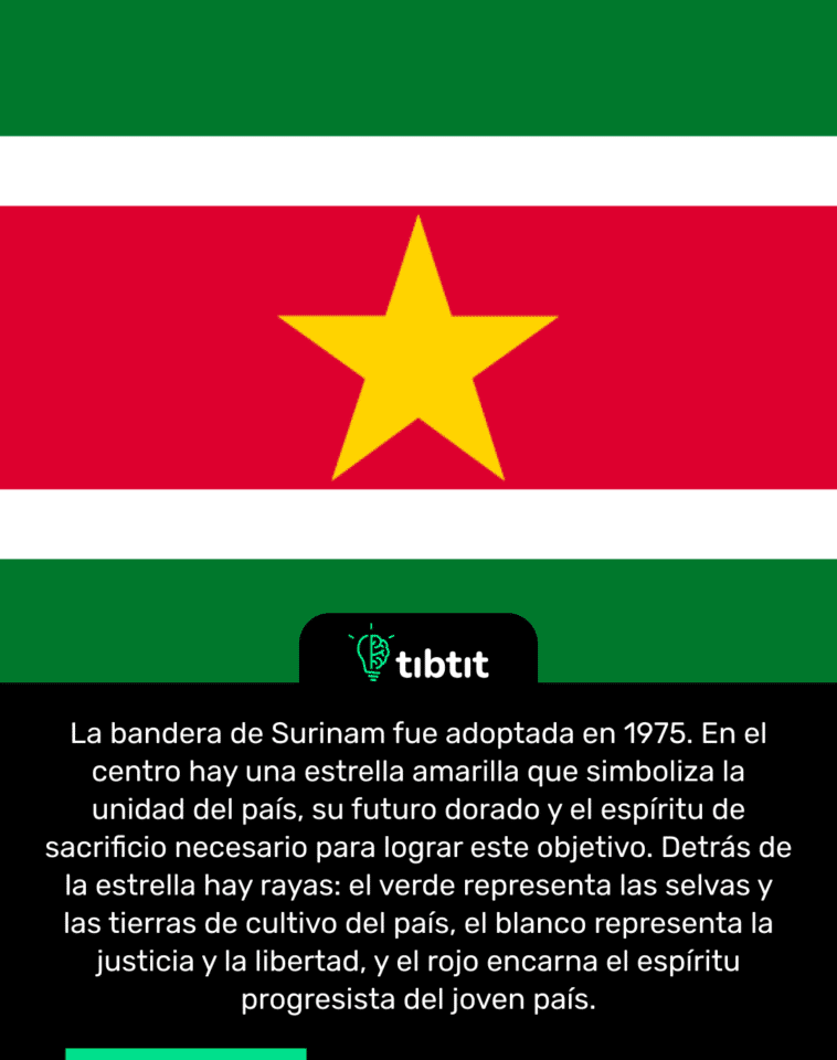La bandera de Surinam fue adoptada en 1975. En el centro hay una estrella amarilla que simboliza la unidad del país, su futuro dorado y el espíritu de sacrificio necesario para lograr este objetivo. Detrás de la estrella hay rayas: el verde representa las selvas y las tierras de cultivo del país, el blanco representa la justicia y la libertad, y el rojo encarna el espíritu progresista del joven país.