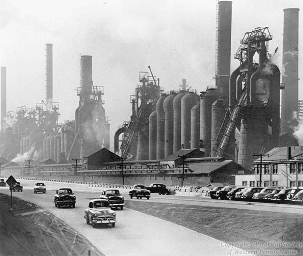 Blast furnaces from Pittsburgh Northside Steel Works, 1950’s. Demolished in 1980s. This is where the name Pittsburgh Steelers came from.