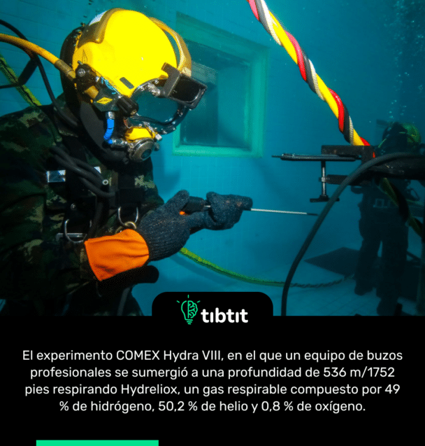 El experimento COMEX Hydra VIII, en el que un equipo de buzos profesionales se sumergió a una profundidad de 536 m/1752 pies respirando Hydreliox, un gas respirable compuesto por 49 % de hidrógeno, 50,2 % de helio y 0,8 % de oxígeno.