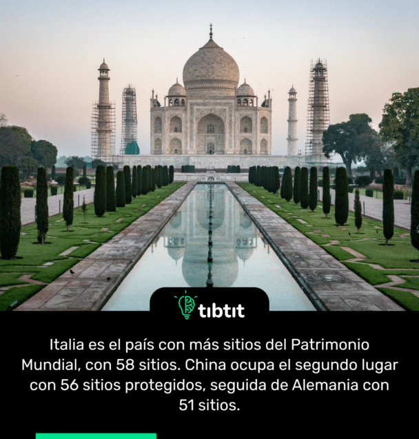 Italia es el país con más sitios del Patrimonio Mundial, con 58 sitios. China ocupa el segundo lugar con 56 sitios protegidos, seguida de Alemania con 51 sitios.