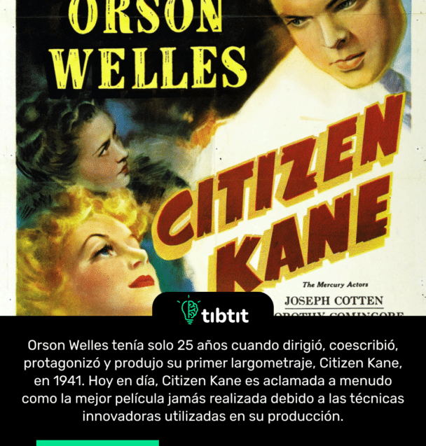 Orson Welles tenía solo 25 años cuando dirigió, coescribió, protagonizó y produjo su primer largometraje, Citizen Kane, en 1941. Hoy en día, Citizen Kane es aclamada a menudo como la mejor película jamás realizada debido a las técnicas innovadoras utilizadas en su producción.
