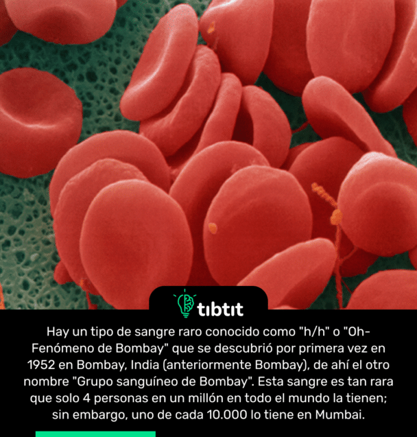 Hay un tipo de sangre raro conocido como "h/h" o "Oh- Fenómeno de Bombay" que se descubrió por primera vez en 1952 en Bombay, India (anteriormente Bombay), de ahí el otro nombre "Grupo sanguíneo de Bombay". Esta sangre es tan rara que solo 4 personas en un millón en todo el mundo la tienen; sin embargo, uno de cada 10.000 lo tiene en Mumbai.