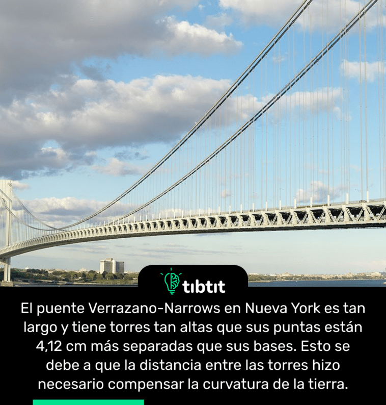 El puente Verrazano-Narrows en Nueva York es tan largo y tiene torres tan altas que sus puntas están 4,12 cm más separadas que sus bases. Esto se debe a que la distancia entre las torres hizo necesario compensar la curvatura de la tierra.
