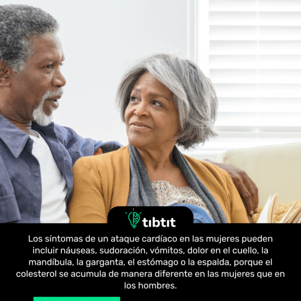 Los síntomas de un ataque cardíaco en las mujeres pueden incluir náuseas, sudoración, vómitos, dolor en el cuello, la mandíbula, la garganta, el estómago o la espalda, porque el colesterol se acumula de manera diferente en las mujeres que en los hombres.