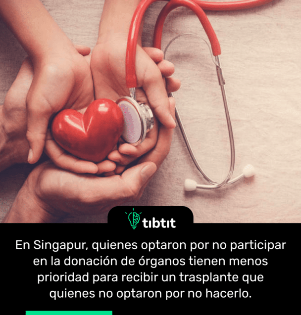 En Singapur, quienes optaron por no participar en la donación de órganos tienen menos prioridad para recibir un trasplante que quienes no optaron por no hacerlo.