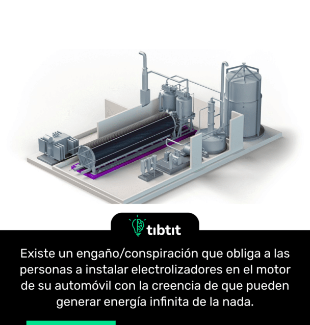 Existe un engaño/conspiración que obliga a las personas a instalar electrolizadores en el motor de su automóvil con la creencia de que pueden generar energía infinita de la nada.