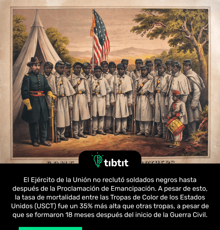 El Ejército de la Unión no reclutó soldados negros hasta después de la Proclamación de Emancipación. A pesar de esto, la tasa de mortalidad entre las Tropas de Color de los Estados Unidos (USCT) fue un 35% más alta que otras tropas, a pesar de que se formaron 18 meses después del inicio de la Guerra Civil.