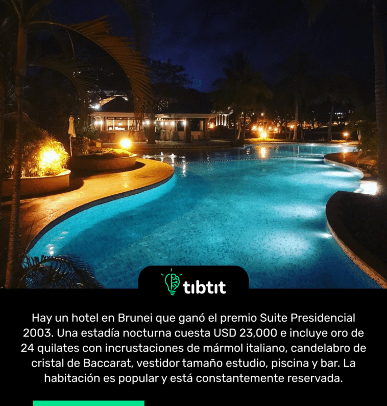 Hay un hotel en Brunei que ganó el premio Suite Presidencial 2003. Una estadía nocturna cuesta USD 23,000 e incluye oro de 24 quilates con incrustaciones de mármol italiano, candelabro de cristal de Baccarat, vestidor tamaño estudio, piscina y bar. La habitación es popular y está constantemente reservada.