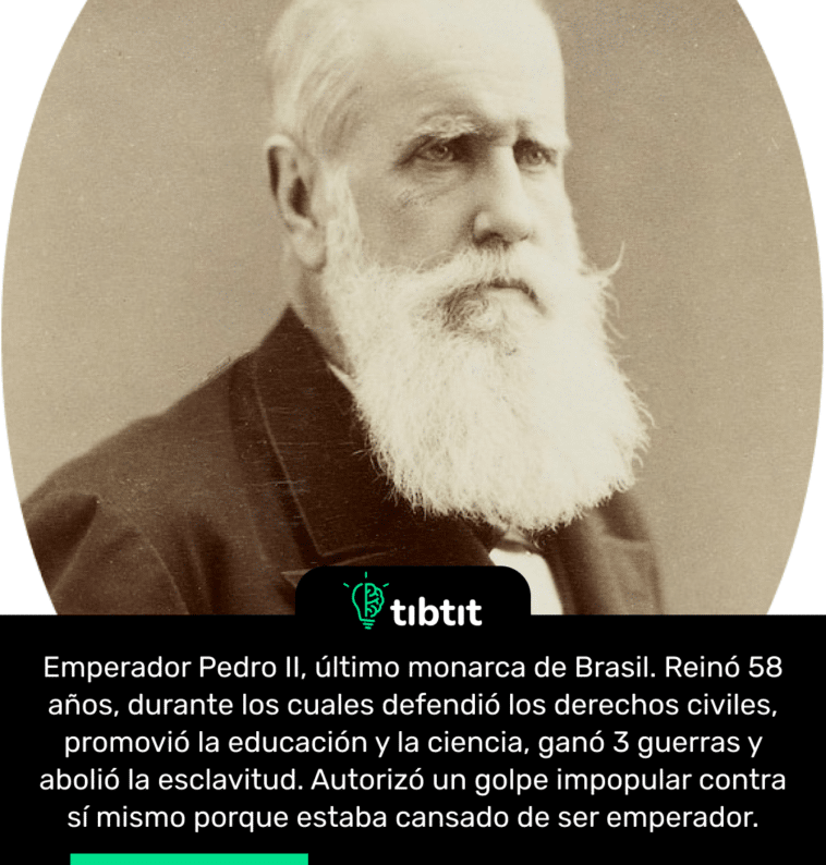 Emperador Pedro II, último monarca de Brasil. Reinó 58 años, durante los cuales defendió los derechos civiles, promovió la educación y la ciencia, ganó 3 guerras y abolió la esclavitud. Autorizó un golpe impopular contra sí mismo porque estaba cansado de ser emperador.