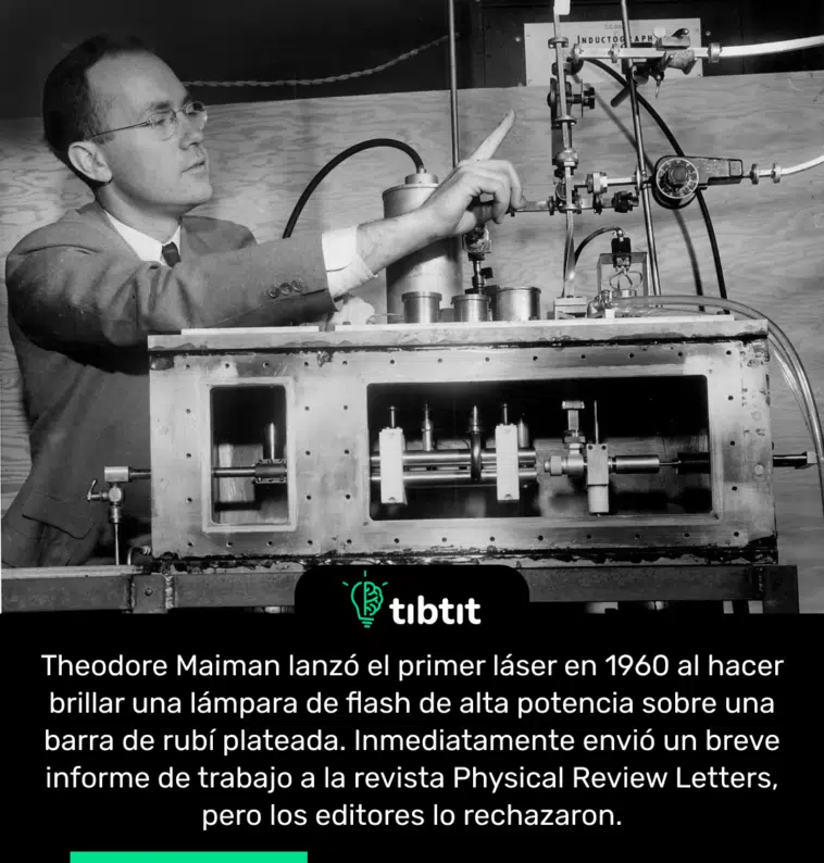 Theodore Maiman lanzó el primer láser en 1960 al hacer brillar una lámpara de flash de alta potencia sobre una barra de rubí plateada. Inmediatamente envió un breve informe de trabajo a la revista Physical Review Letters, pero los editores lo rechazaron.