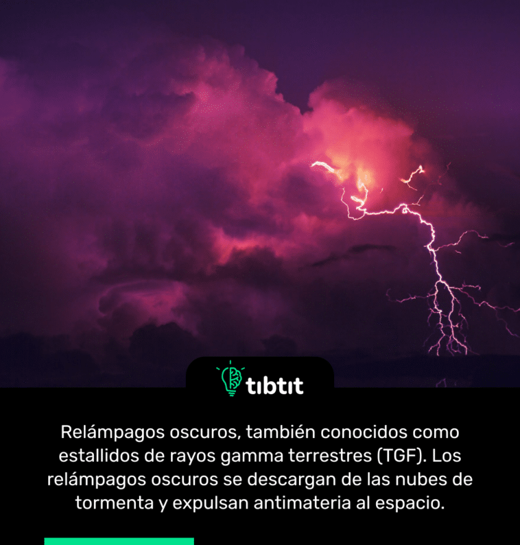 Relámpagos oscuros, también conocidos como estallidos de rayos gamma terrestres (TGF). Los relámpagos oscuros se descargan de las nubes de tormenta y expulsan antimateria al espacio.