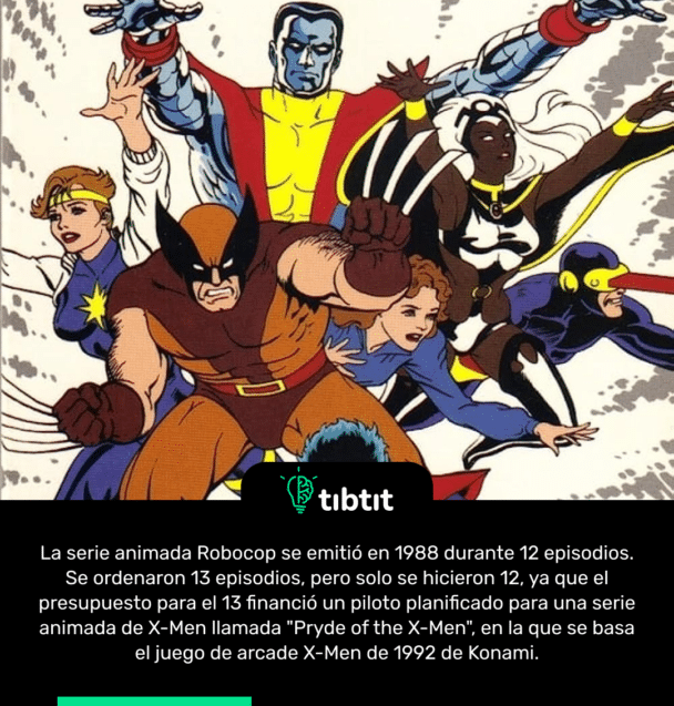 La serie animada Robocop se emitió en 1988 durante 12 episodios. Se ordenaron 13 episodios, pero solo se hicieron 12, ya que el presupuesto para el 13 financió un piloto planificado para una serie animada de X-Men llamada "Pryde of the X-Men", en la que se basa el juego de arcade X-Men de 1992 de Konami.