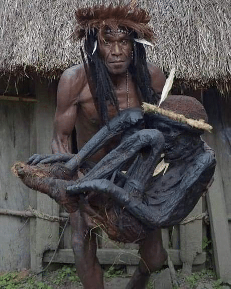 El jefe tribal Eli Mabel sostiene el cuerpo de su antepasado, Agat Mamete Mabel. Agat Mamete Mabel, era un jefe tribal que gobernó una aldea remota en Papúa, Indonesia, hace unos 250 años. Honrado después de la muerte con una costumbre reservada solo para ancianos importantes y héroes locales entre el pueblo dani.
